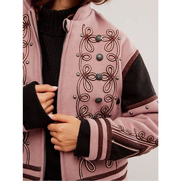 🆕 FREE PEOPLE We The Free Boy Band Bomber Jacket / Woodrose - Picture 3 of 7